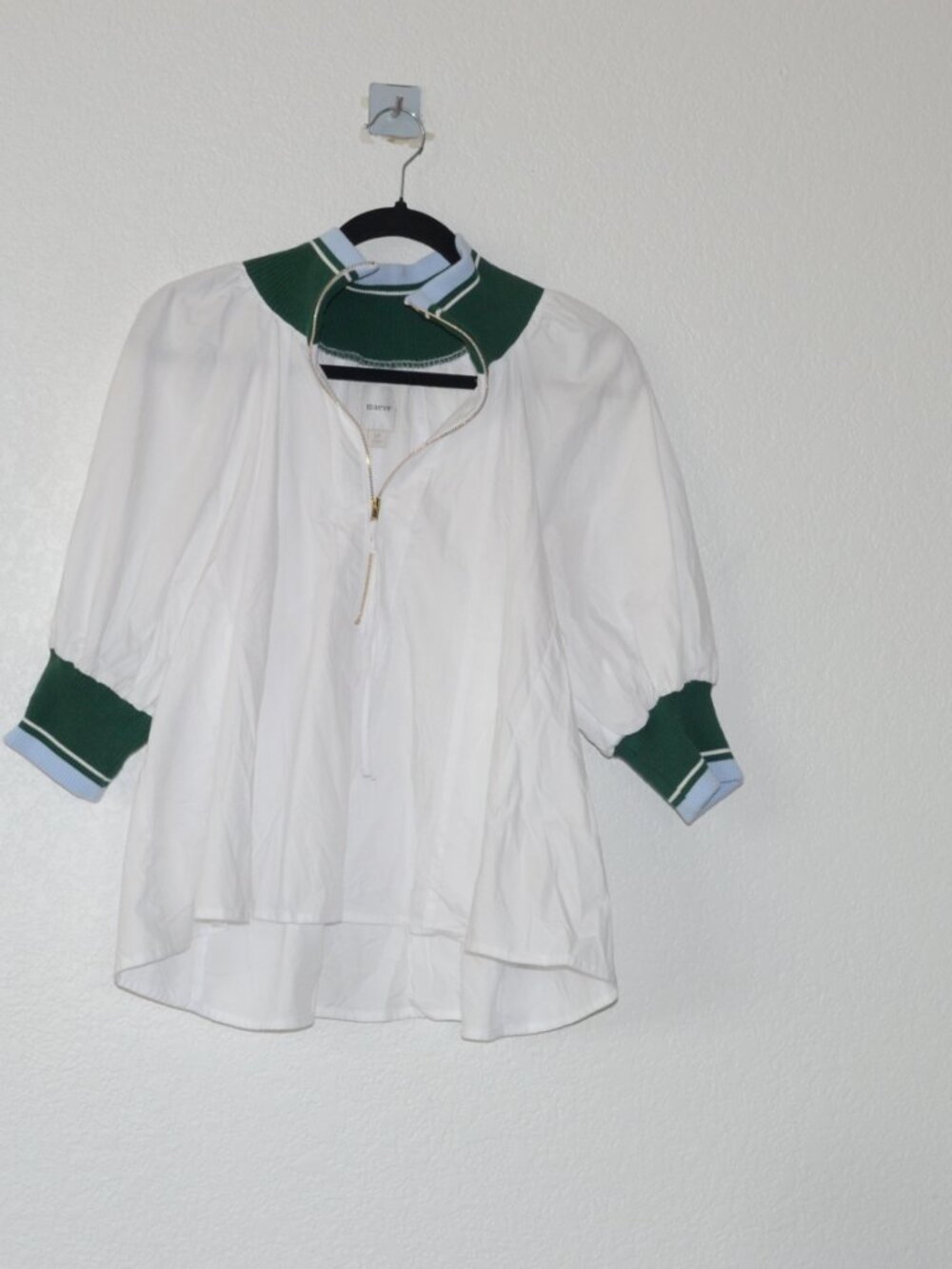 Maeve Half-Zip Puff-Sleeve Sporty Henley Blouse – Size LP